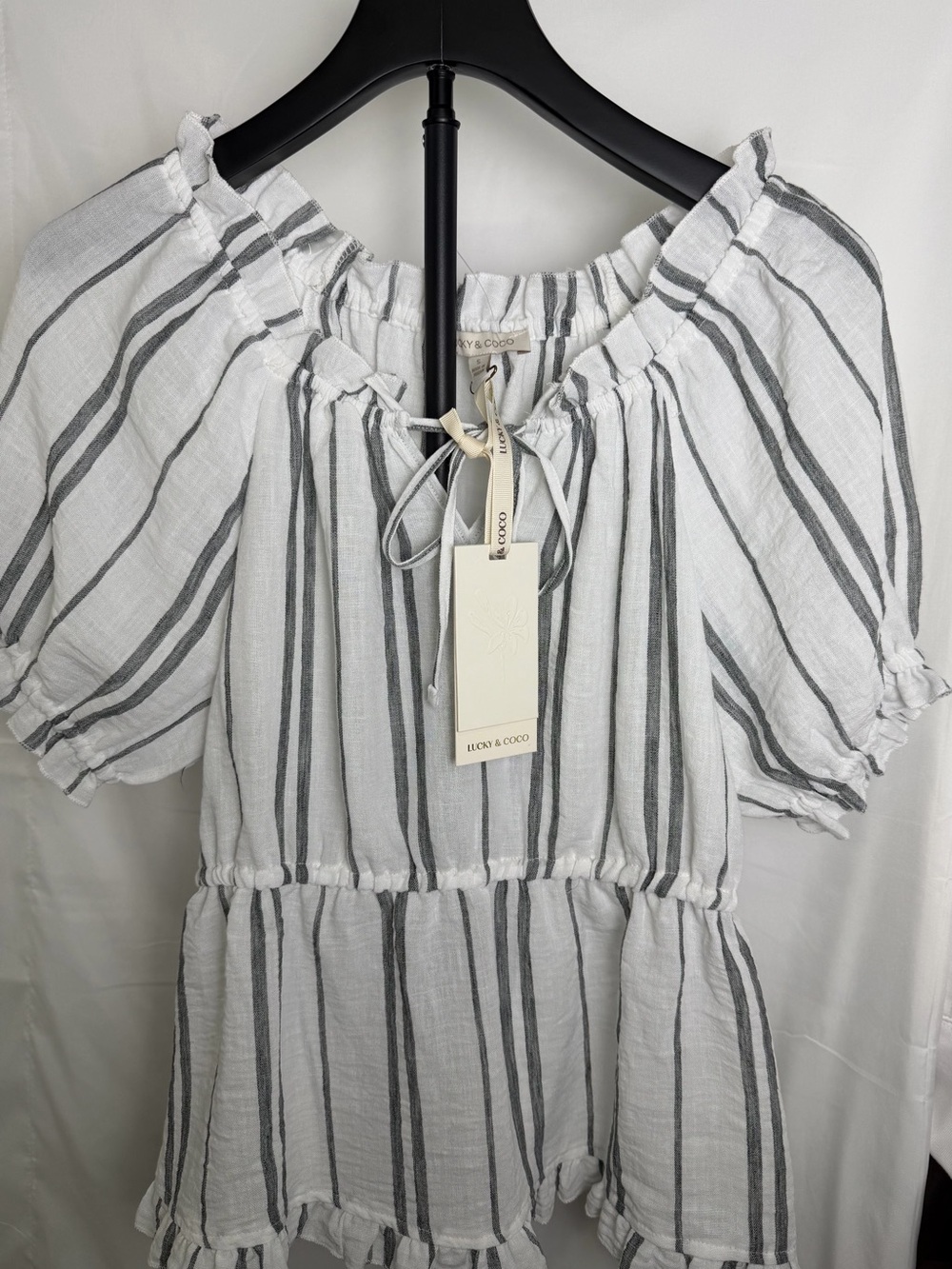 White and Gray Striped Peasant Dress S